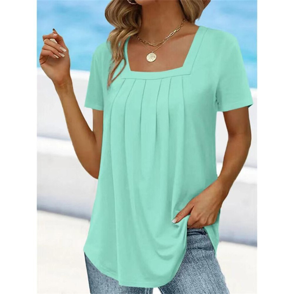 (light green, 4XL) Summer Women's 2023 Solid Color Pleated Sexy Square Neck T-Shirt Fashion Casual Short Sleeve Loose Plus Size Commuter Top