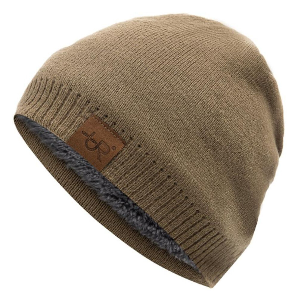 (khaki, 54cm-60cm) Unisex Winter Hats Solid Color Knitted Hats For Men And Women Outdoor Add Fur Lining Beanie Cap