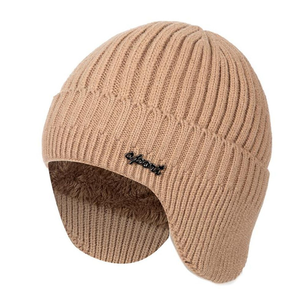 (khaki, 54cm-62cm) New Add Fur Lined Warm Winter Hats Stylish Men Women Soft Beanie Hat Classic Knitted Earflap Hat Warm Caps With Ears