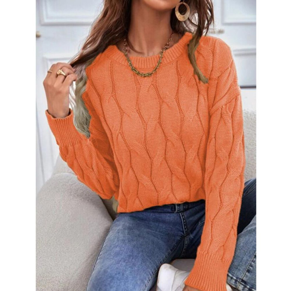 (orange, L) Womens Knitwear Cable Knit Sweater Autumn Round Neck Long Sleeve Pullover Tops Ladies Winter Casual Loose Jumper