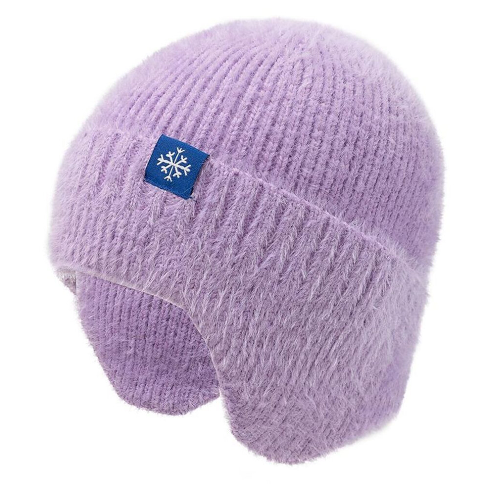 (purple, 54cm-58cm) New Women Candy Colors Earflap Winter Hat Fashion Faux Fur Knitted Hat Kpop Style Soft Beanie Hats Female Streetwear Cap