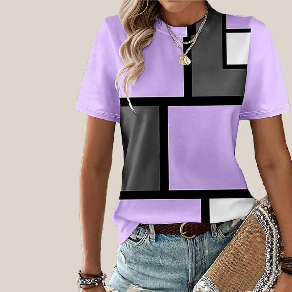 (purple, 8XL) Women's Summer T-shirt Square Printed Short Sleeved T-shirt Casual Printed Top