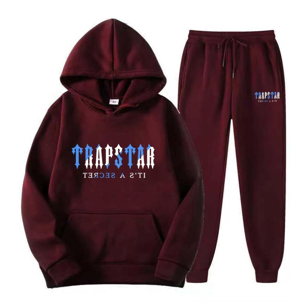 (wine, L) Women's Hooded Athletic Tracksuit Unisex Two-piece Running Clothing Long Sleeve Pullover Hoodie Sweatshirt + Track Pants Set