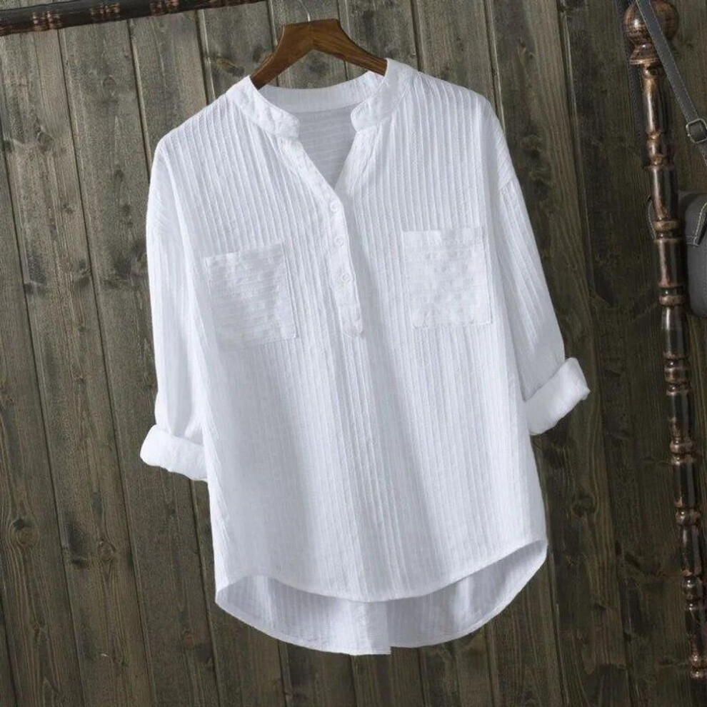 (white, S) New Spring Summer Causal White Women Shirts V-neck Loose 100% Cotton Office Lady Elegant Double Pocket Blouse Shirts Tops