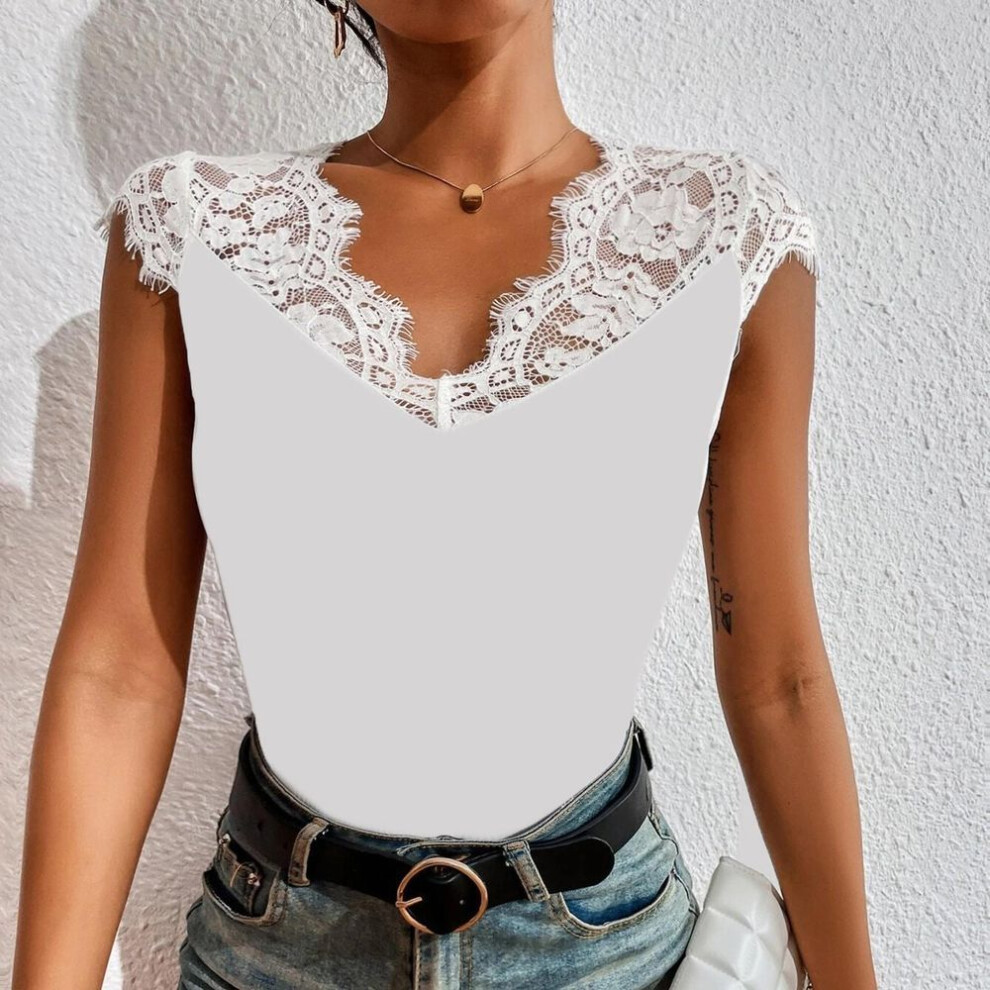 (white, XXXL) Womens Casual Sexy Slim Solid Lace V-neck Ladies Sexy  Lace Erotic Lingerie Tank Top