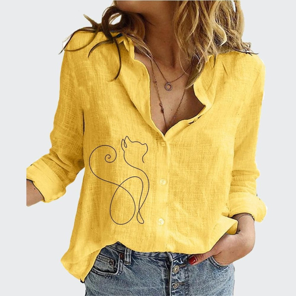 (yellow, XL) Female Thin Cotton Linen Top Ladies Fashion Lapel Collar Cardigan Shirt Women Casual Print Blouses