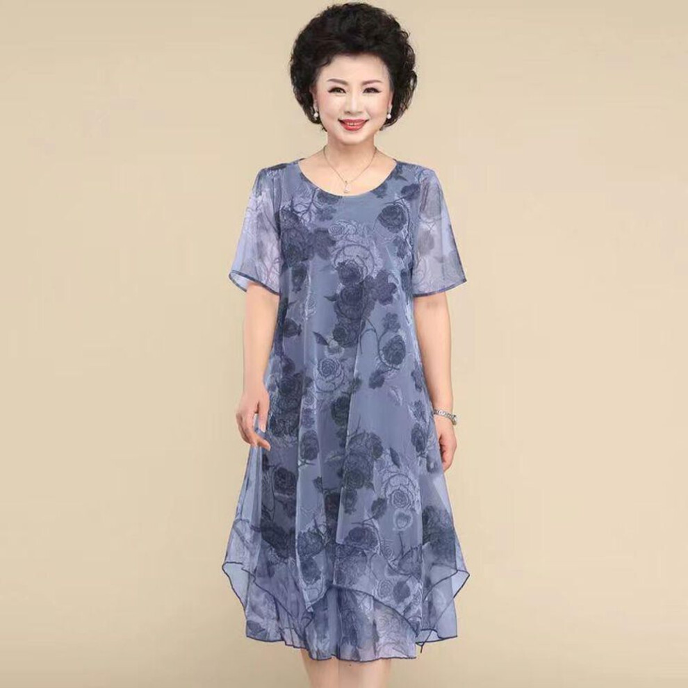 (blue, L) Women's Short Sleeve Round Neck Loose Plus Size Midi Dress