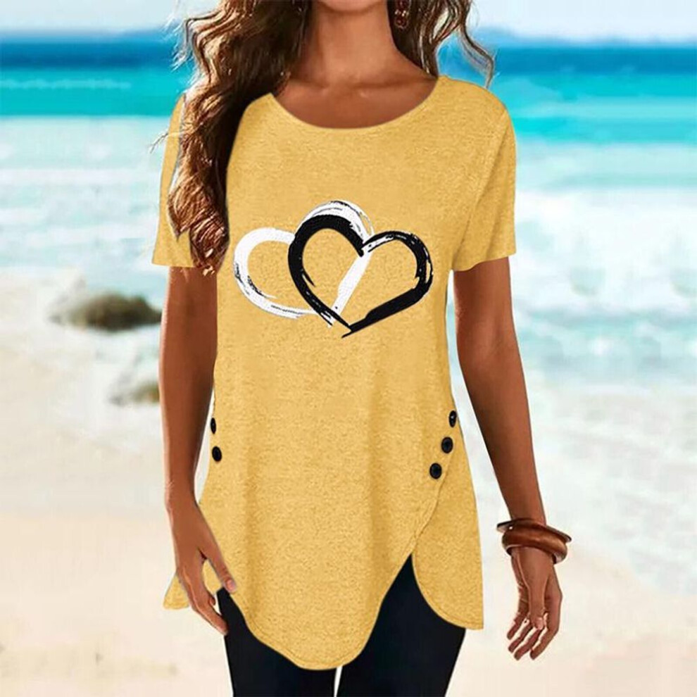 (yellow, 2XL) Womens Plus Size Summer Tunic Tops Short Sleeve T-shirt Ladies Button Blouse Tee