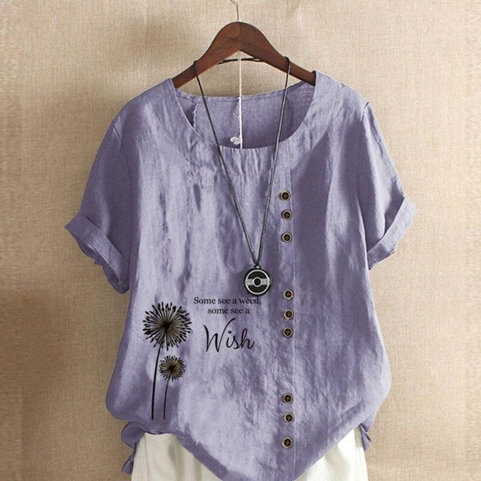 (purple, XL) Women's Summer Round Neck Short Sleeve T-shirt Casual Cotton Linen Graphic Shirt Leisure Fashion Loose Dandelion Prined Blouse Tops Plus Size