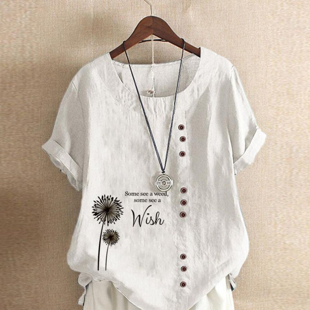 (white, XL) Women's Summer Round Neck Short Sleeve T-shirt Casual Cotton Linen Graphic Shirt Leisure Fashion Loose Dandelion Prined Blouse Tops Plus Size