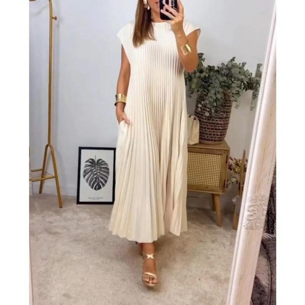 (beige, S) Women's Summer Elegant Round Neck Sleeveless Pleated Long Dresses