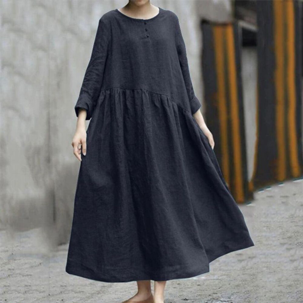 (black, 5XL) Plus Size Dress Solid Color Cotton Linen Irregular Patchwork Round Neck Pocket Long Sleeve Dress Hem Long Dress