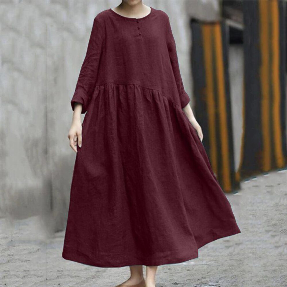 (red, XL) Plus Size Dress Solid Color Cotton Linen Irregular Patchwork Round Neck Pocket Long Sleeve Dress Hem Long Dress