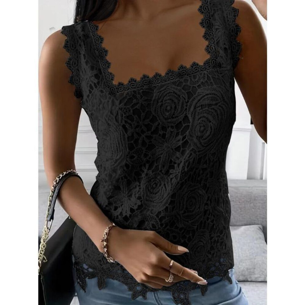 (black, 3XL) Summer Women's Vest Square Neck Lace Sleeveless Tank Top