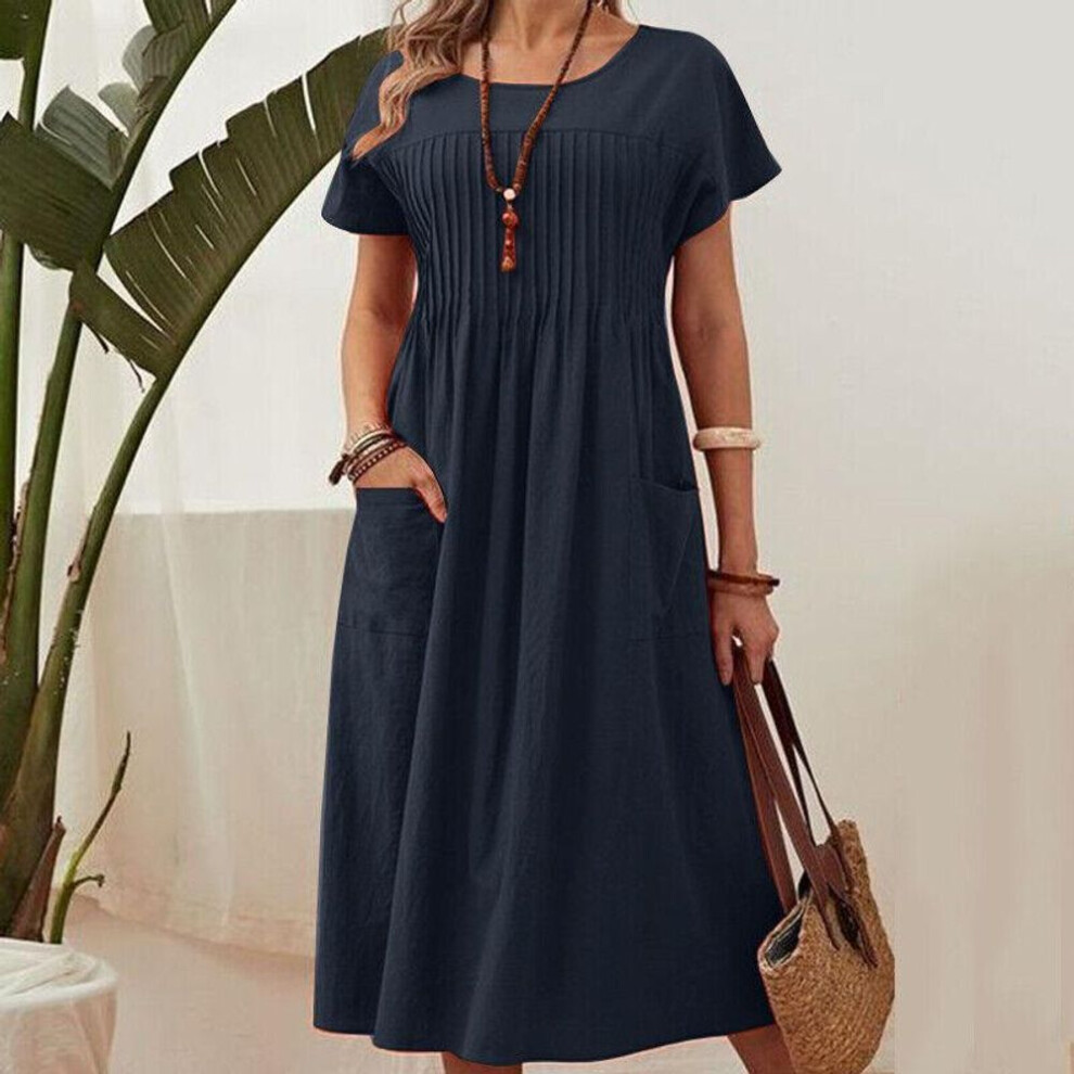 (navy, S) Plus Size Cotton Linen Dress with Pockets