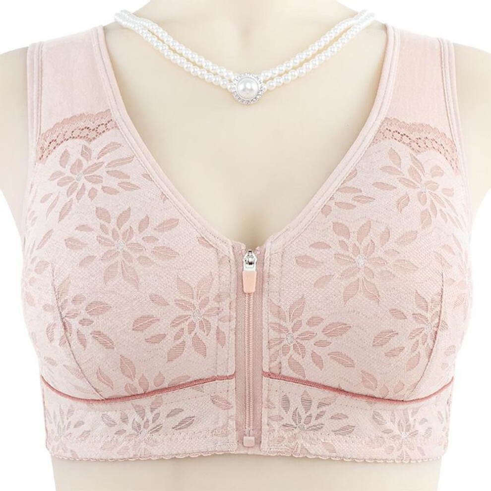 (pink, 48/110) Soft Cotton Cup Front Zipper New Middle-aged and Elderly Underwear Women's Undershirt Lace Without Steel Ring Large Size Bra