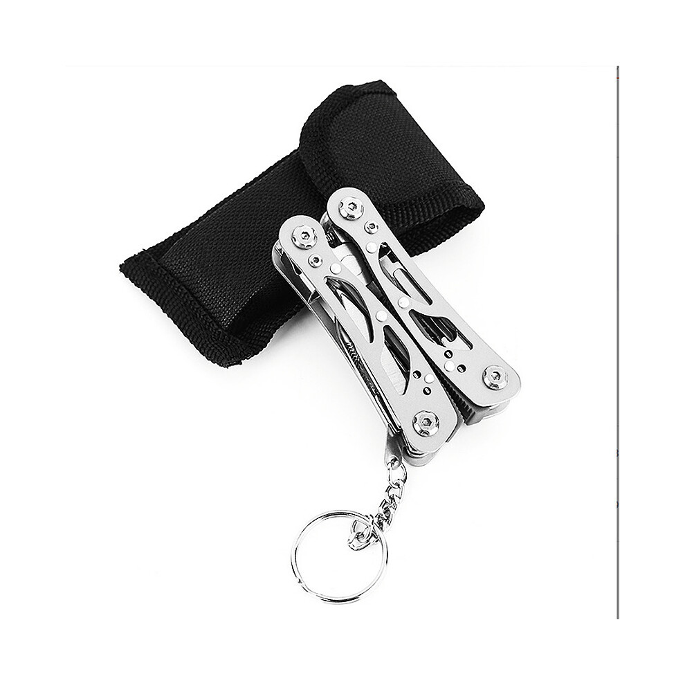 (silver and chain) 420 Stainless Steel Folding Pliers Outdoors Mini Clamp Cable Stripper Fold Crimper Wire Cutter Multitool Pocket Knife Multi-Tool
