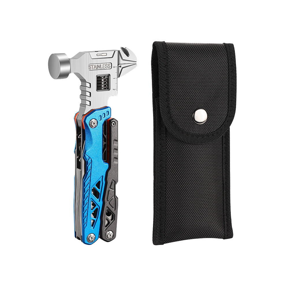 (blue) Outdoor camping multifunctional round head hammer stainless steel folding nail hammer pliers emergency vehicle combination