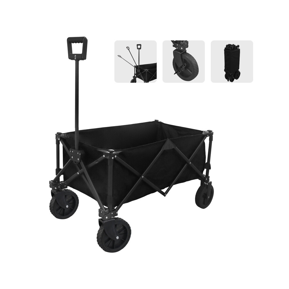 (Black) Folding Trolley with Wheels Large Capacity Portable Outdoor Camping Wagon Foldable Multifunction Adjustable Picnic Shopping