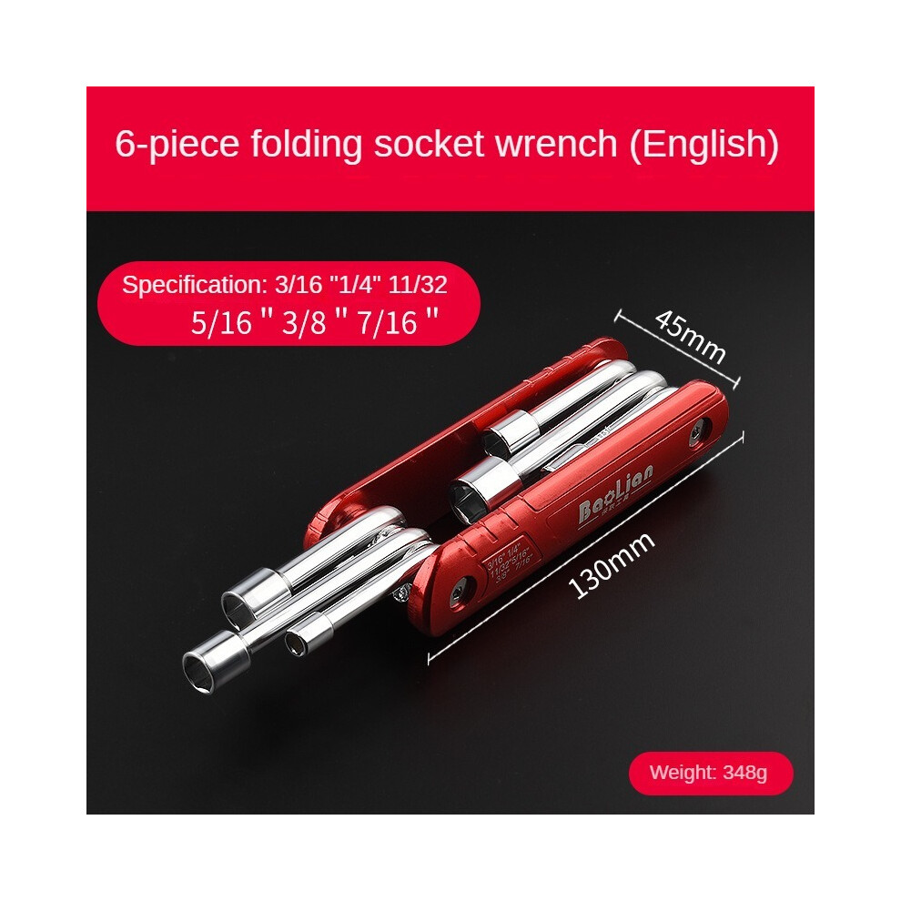 (Red English system) 5-12mm Folding Socket Wrench set Allen key Multifunction Household Portable 6 in 1 Hand tool combination Metric Lmperial