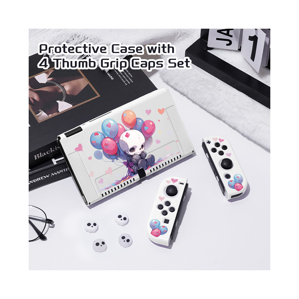 Maxpower (White, Nintendo Switch) 1 Pcs Skull Protective Case Bundle With 4Pcs Grip Caps For Nintendo Switch Oled