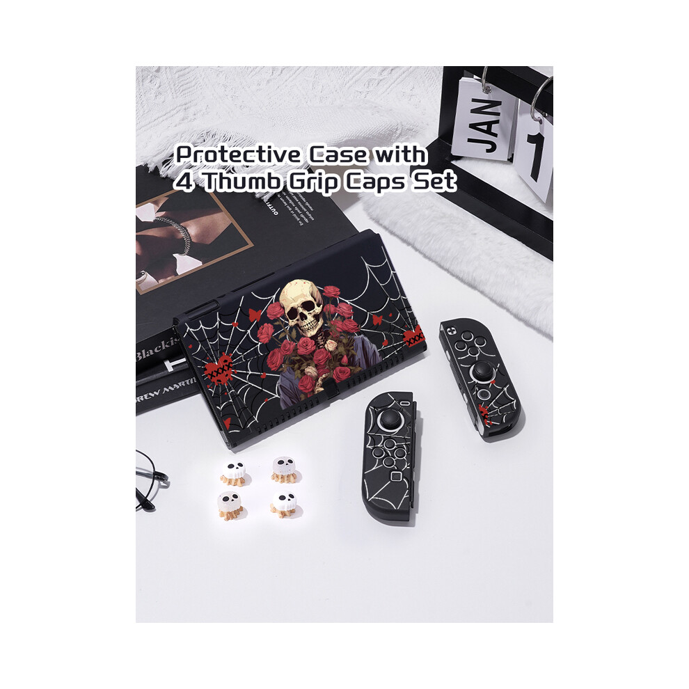 Maxpower (Blue, Nintendo Switcholed) Skull Rose Switch Protective Case Bundle With 4Pcs Grip Caps For Nintendo Switch Oled，For Switch Ns Cover，Switch Game Acce