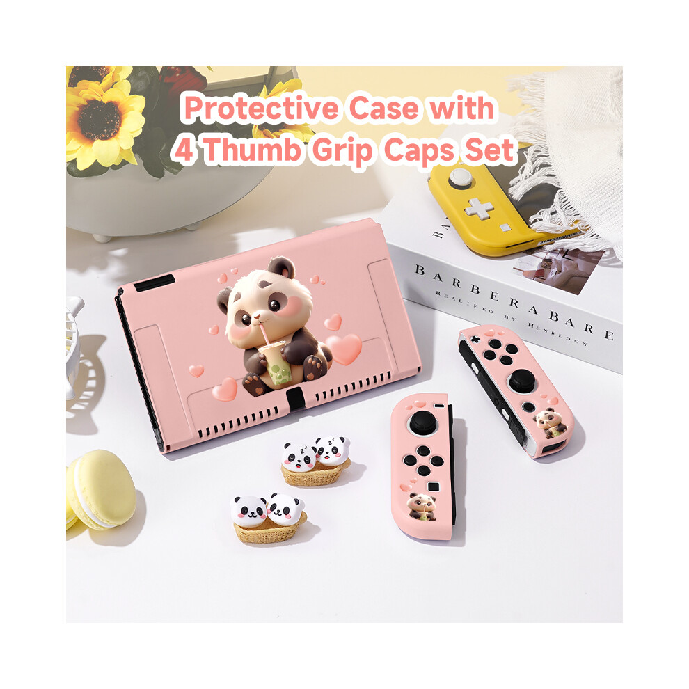Maxpower (Blue, Nintendo Switcholed) 1 Pcs Pink Panda Protective Case Bundle With 4Pcs Grip Caps For Nintendo Switch Oled