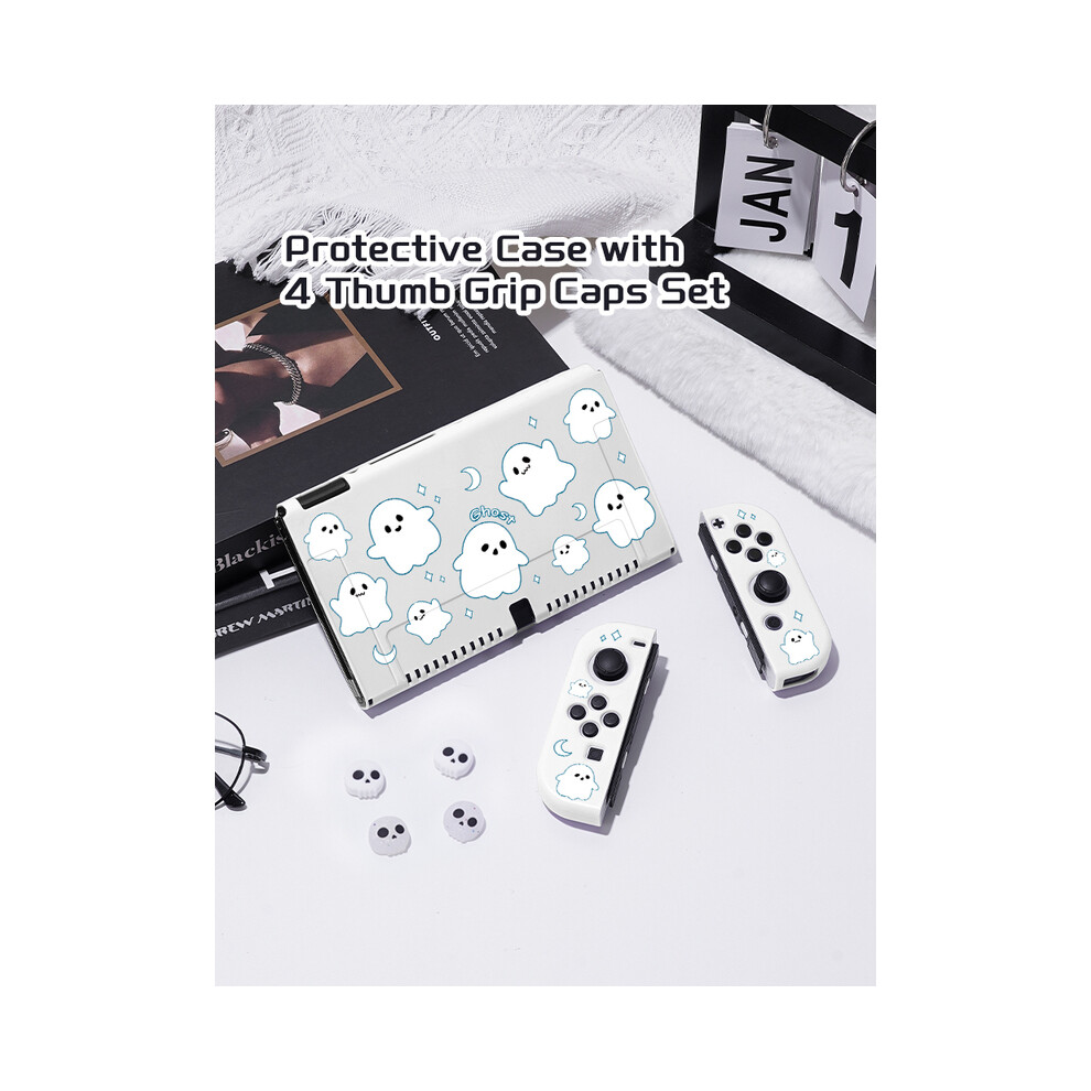 Maxpower (Blue, Nintendo Switcholed) 1 Pcs White Ghost Protective Case Bundle With 4Pcs Grip Caps For Nintendo Switch Oled