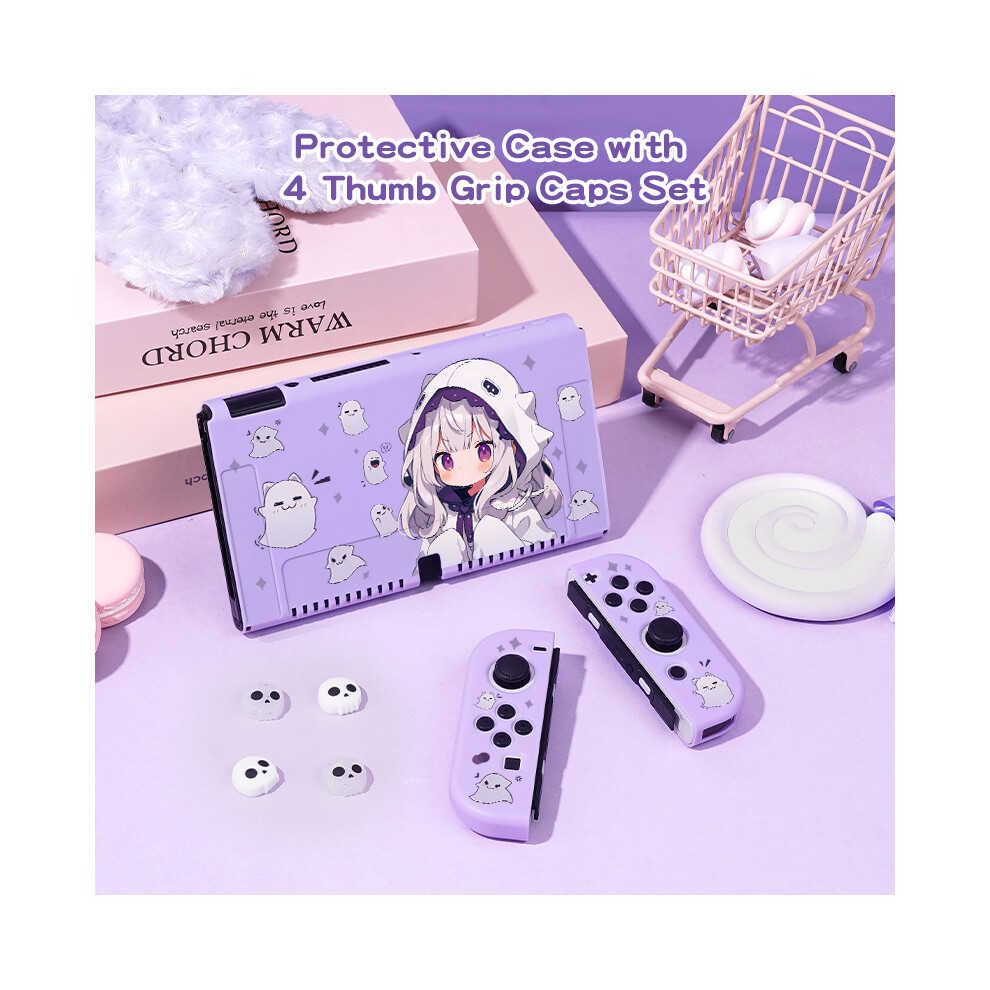 Maxpower (Blue, Nintendo Switcholed) 1 Pcs Ghost Anime Girl Protective Case Bundle With 4Pcs Grip Caps For Nintendo Switch Oled