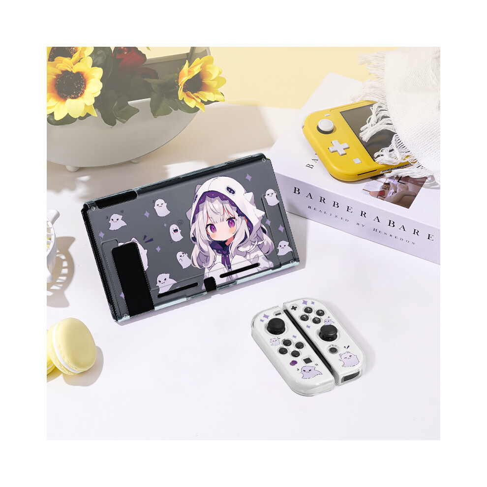 Maxpower (Clear, Nintendo Switcholed) 1 Pcs Ghost Anime Girl Protective Case Bundle With 4Pcs Grip Caps For Nintendo Switch Oled