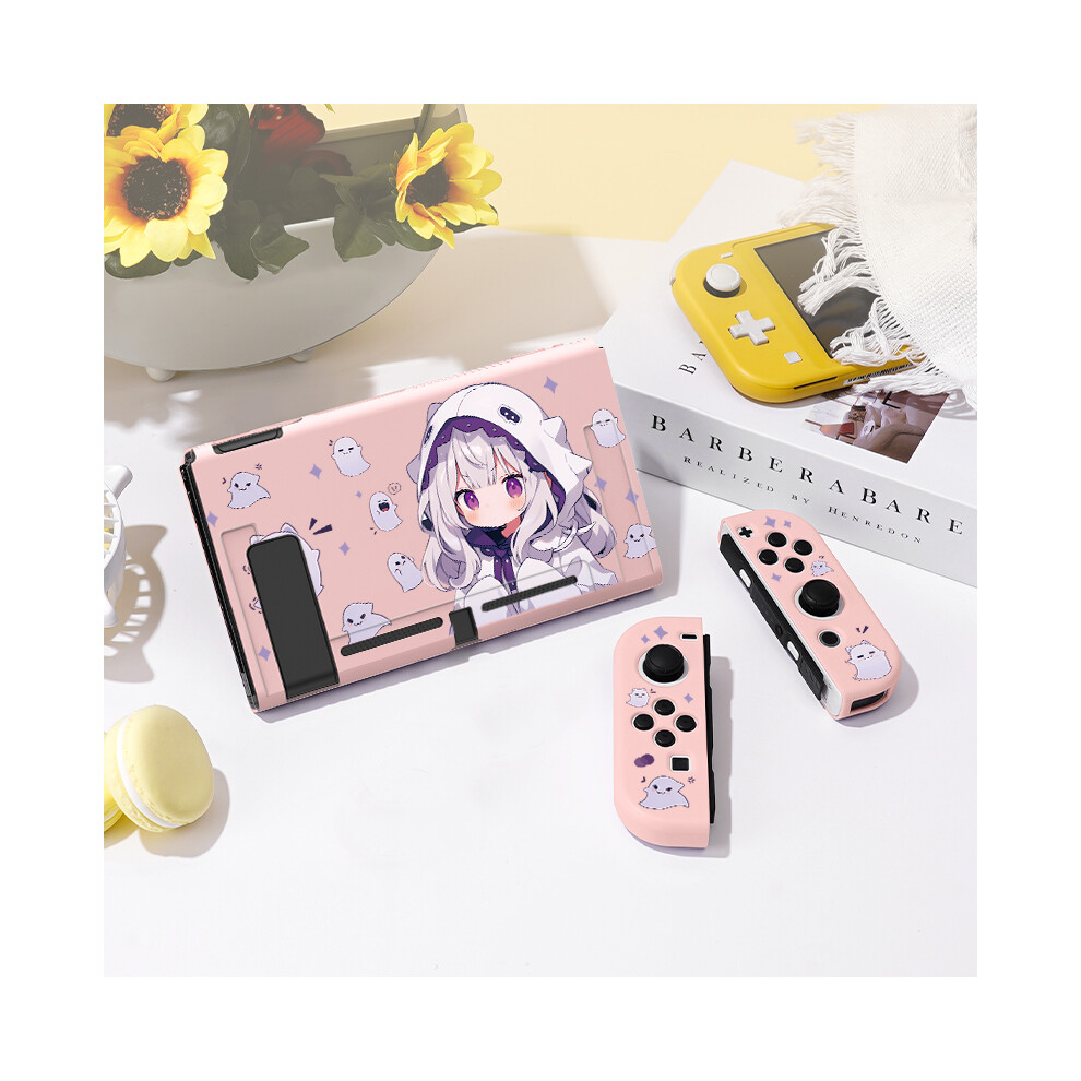 Maxpower (Pink, Nintendo Switcholed) 1 Pcs Ghost Anime Girl Protective Case Bundle With 4Pcs Grip Caps For Nintendo Switch Oled