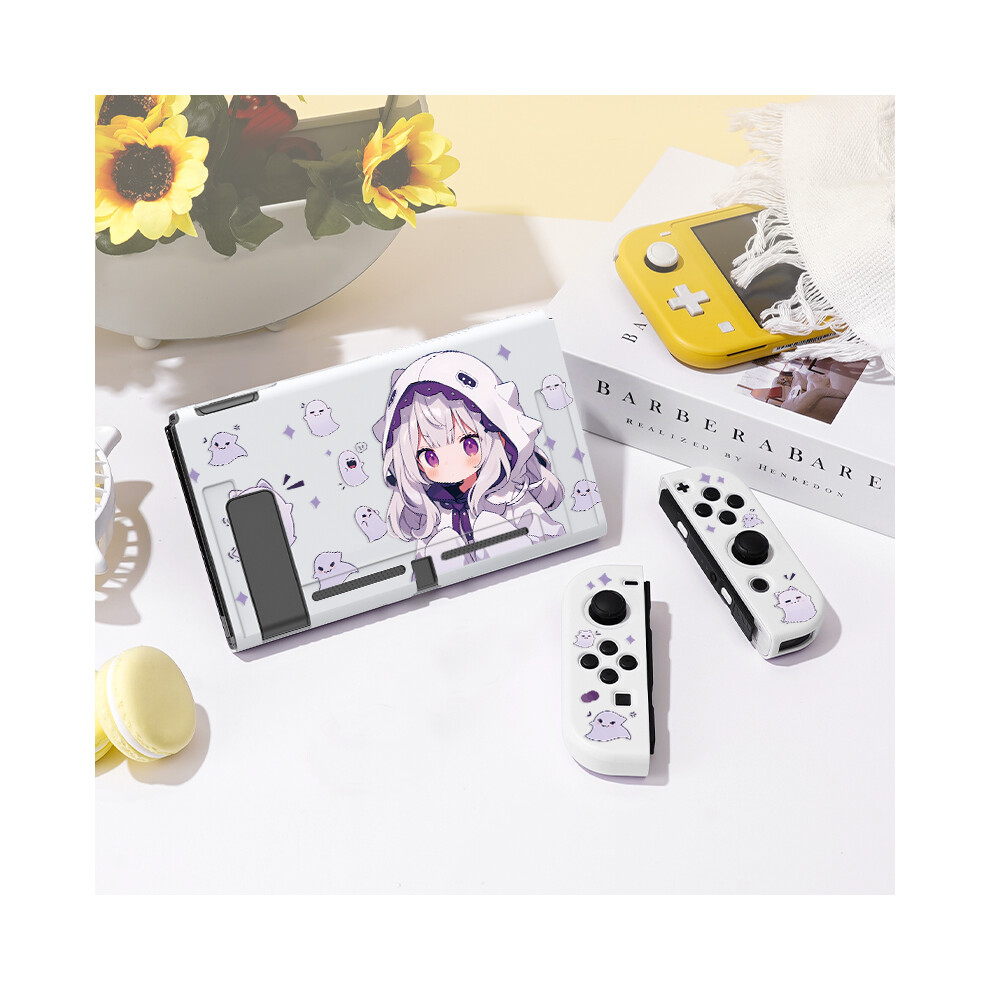 Maxpower (White, Nintendo Switcholed) 1 Pcs Ghost Anime Girl Protective Case Bundle With 4Pcs Grip Caps For Nintendo Switch Oled