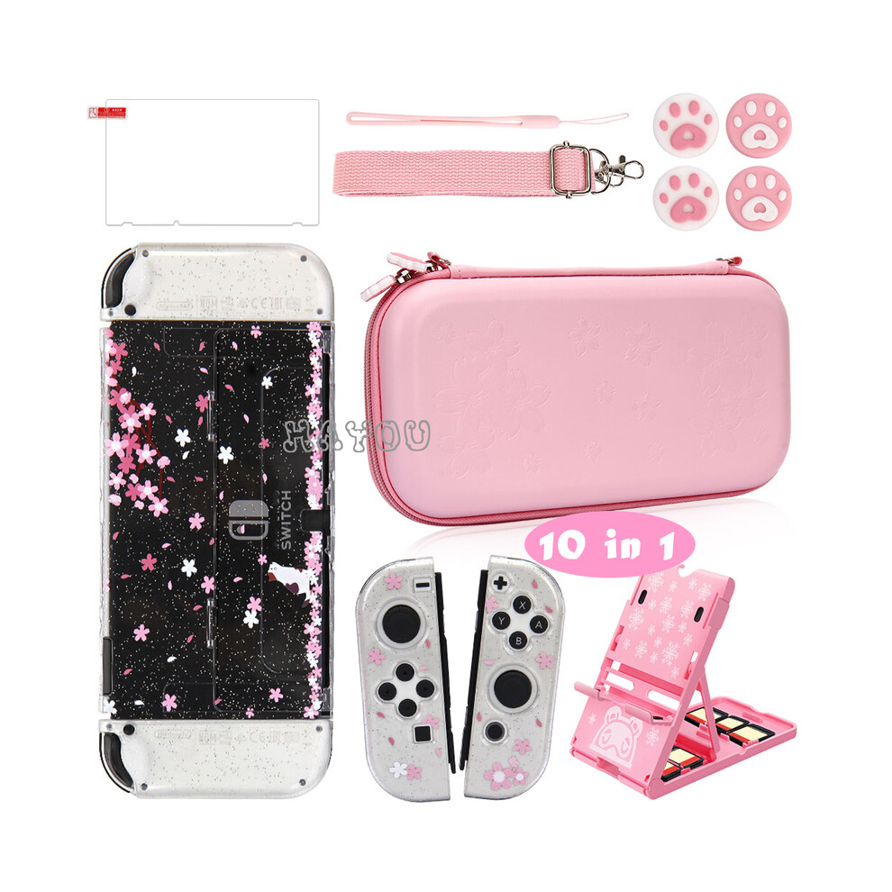 Maxpower (Oled Set) 10 In 1 Pink Sakura Storage Bag Protective Shell Case For Nintendo Switch/Oled Game Accessories Set Glass Film+Thumbsticks+Stand