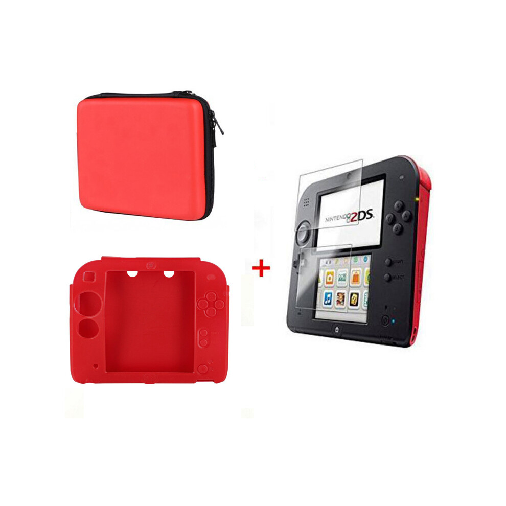 Maxpower ( 3 In 1) 2Ds Eva Protector Hard Travel Carry Case Cover Pouch Bag Clear Touch Film Screen Guard Silicone Case For Nintendo Nintend Red