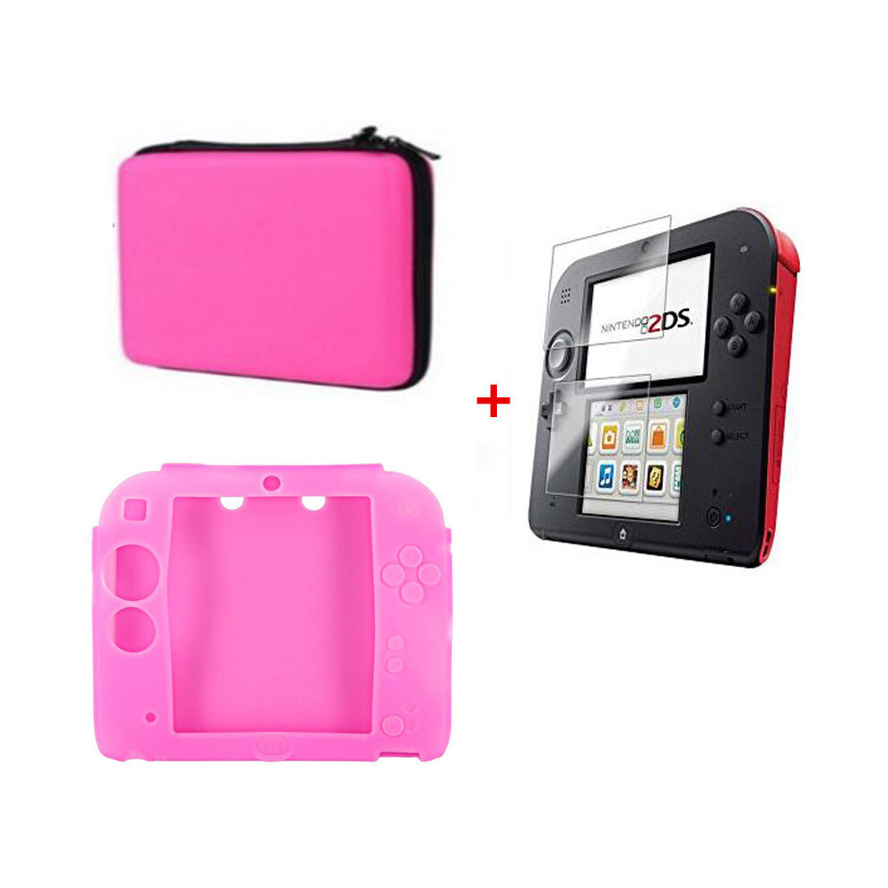 Maxpower ( 3 In 1) 2Ds Eva Protector Hard Travel Carry Case Cover Pouch Bag Clear Touch Film Screen Guard Silicone Case For Nintendo Nintend Pink