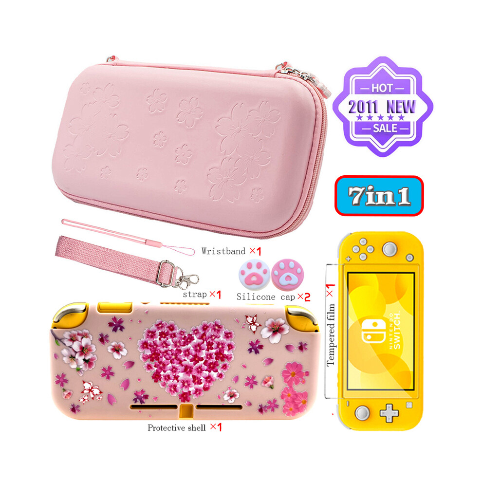 Maxpower (Switch Lite 7In1) Sakura Portable Storage Bag For Switch Travel Carrying Cherry Blossoms Bag Case For Nintendo Switchgame Pink