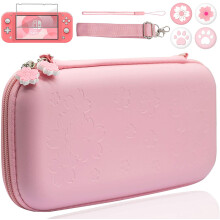 (Case Bundle 2) Pink Travel Case Accessories For Nintendo Switch Lite Cute Sakura Poch Carrying Bag With Strap Stand Temper Film Glass Protector