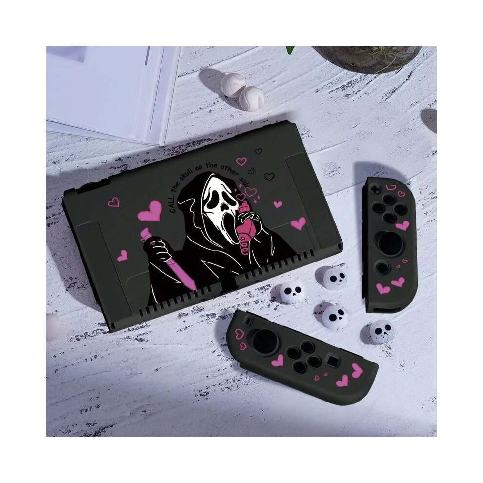 (, Nintendo Switch) 1 Pcs Skull Protective Case Bundle With 4Pcs Grip Caps For Nintendo Switch Oled Black 9190758644999