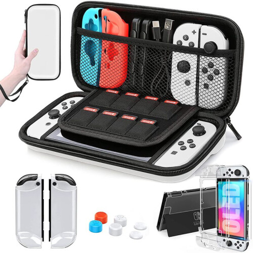 (White) For Switch OLED Model Carrying Case 9 in 1 Accessories Kit for 2022 Nintendo Switch OLED Model  with Protective Case