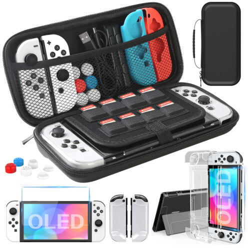 (White) For Switch OLED Model Carrying Case 9 in 1 Accessories Kit for 2022 Nintendo Switch OLED Model  with Protective Case 1