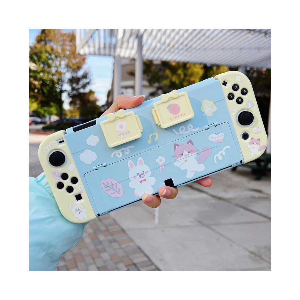 (Mint) Starry Forest Bunny cat cute Nintendo Switch Oled case with gamecard storage boxes, kawaii Switch oled shell cover skins