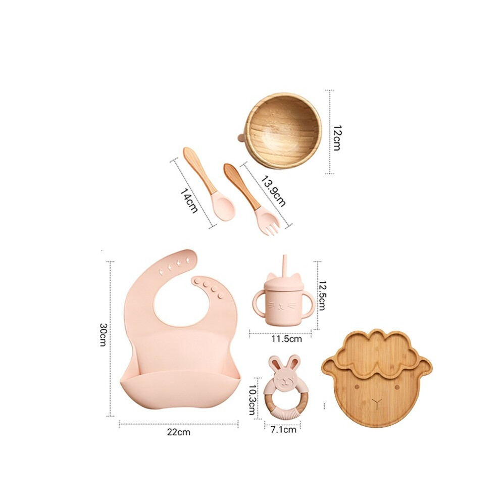 (7pcs Pink set-03) Wooden Dinner Plate Feeding Supplies Bamboo Baby Tableware Silicone Suction Plate Bowl BPA Free Baby Stuff Newborn Accessories