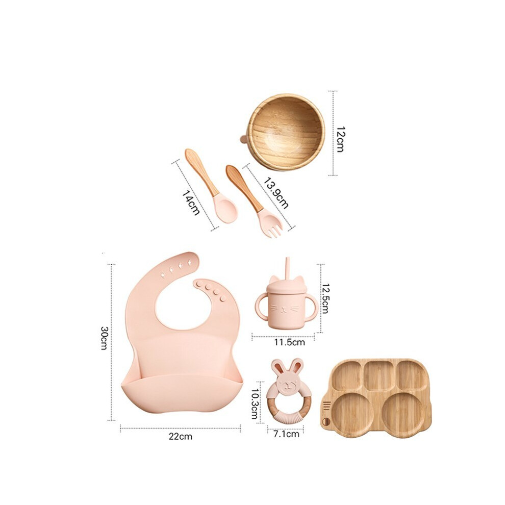 (7pcs Pink set-06) Wooden Dinner Plate Feeding Supplies Bamboo Baby Tableware Silicone Suction Plate Bowl BPA Free Baby Stuff Newborn Accessories