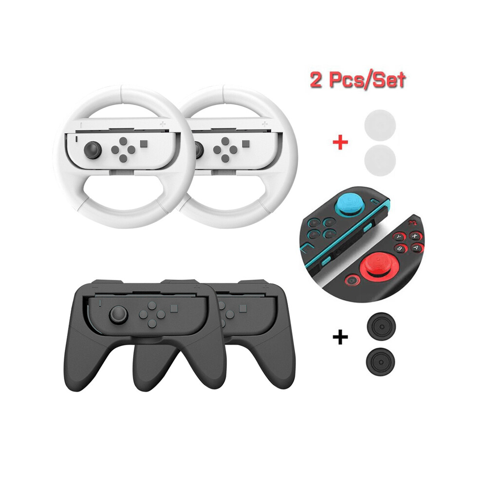 (WHITE) 8 in 1 Siwthc Oled Accessories Kit 2 Racing Steering Wheel 2 Handle Grips 4 Analog Caps for Nintendo Switch Joycon Tennis