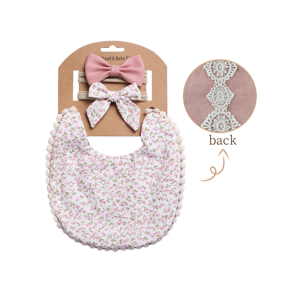 (light yellow) Baby Boys Girls Bibs & Headband Floral PrintS Tassel Dinner Saliva Towel Vintage Double Side Feeding Bibs  Kids Hair Accessories