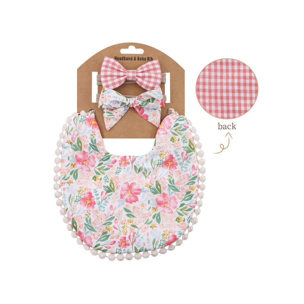 (Pink) Baby Boys Girls Bibs & Headband Floral PrintS Tassel Dinner Saliva Towel Vintage Double Side Feeding Bibs  Kids Hair Accessories