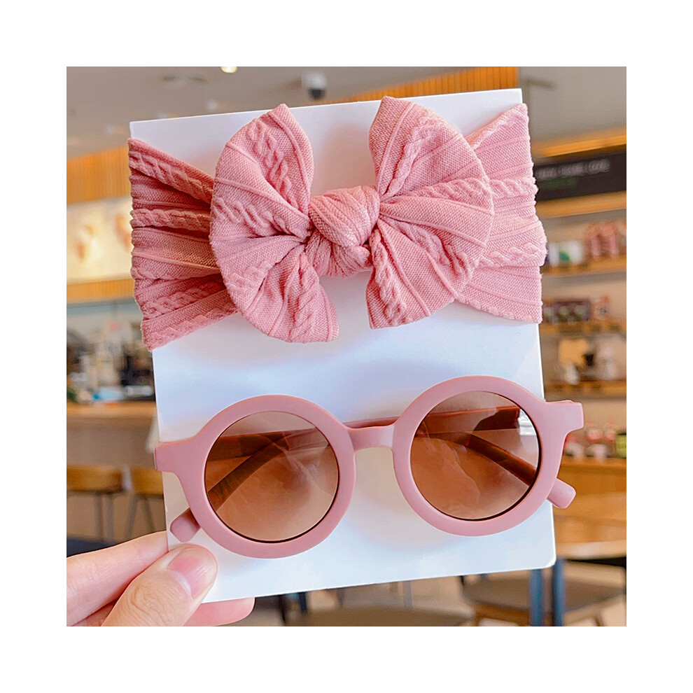 (Bean paste) 2 Pcs/Set New Children Solid Color Cotton Bowknot Wide Hairband Round Sunglasses Set Baby Girls Sunglasses Kids Hair Accessories