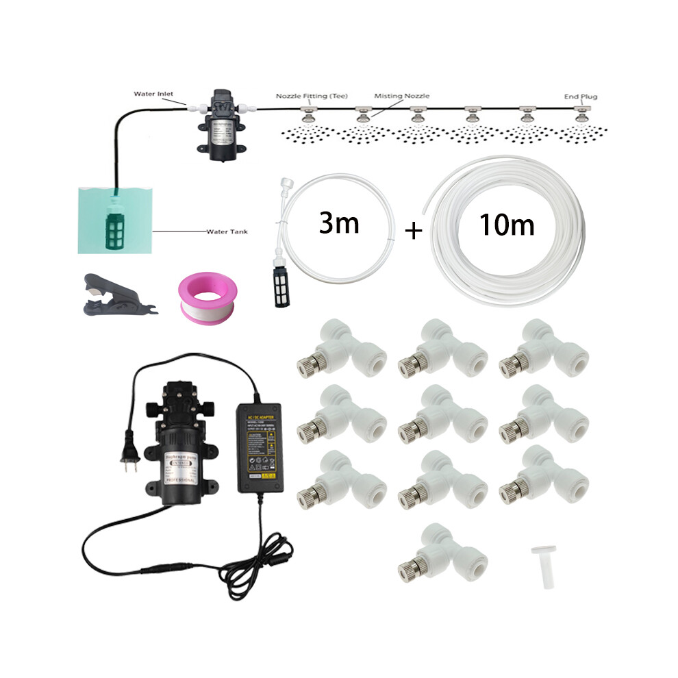 (White) DIY Water Mist Spray Electric Diaphragm Pump Kit Garden Greenhouse Misting Cooling System 10M 10PCS Fog Nozzles Gardening
