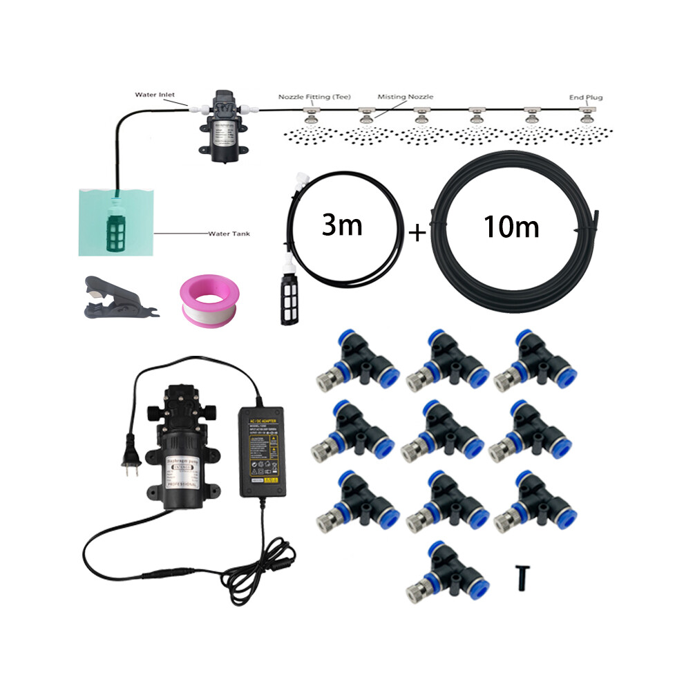 (Black blue) DIY Water Mist Spray Electric Diaphragm Pump Kit Garden Greenhouse Misting Cooling System 10M 10PCS Fog Nozzles Gardening