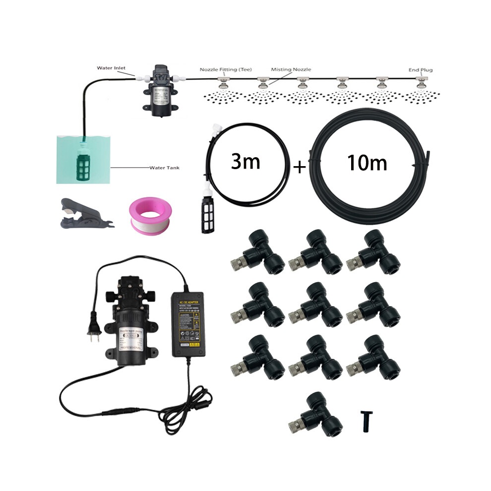 (Black) DIY Water Mist Spray Electric Diaphragm Pump Kit Garden Greenhouse Misting Cooling System 10M 10PCS Fog Nozzles Gardening
